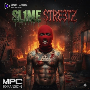May include: Digital artwork featuring a person wearing a red balaclava, with tattoos and a silver chain. The words "SL1ME STRE3TZ" are displayed above the person. The image has a dark, fiery background with the text "MPC EXPANSION".