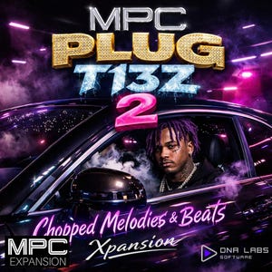 May include: Album cover art for "MPC Plug T132 2" featuring a man in a car. The title is in gold and blue, with a pink "2". The text "Chopped Melodies & Beats Xpansion" is also visible, along with the "MPC Expansion" logo.