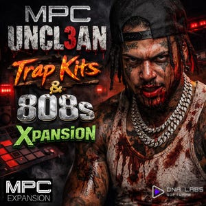 May include: Promotional image for an MPC expansion pack titled "UNCL3AN Trap Kits & 808s Xpansion." The image features a man with face tattoos and a diamond chain, with text in a grunge style. The background is dark with red accents.