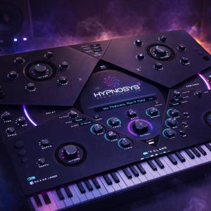 May include: A black synthesizer with numerous knobs, buttons, and a keyboard. The device has the text "HYPNOSYS 2" and "TOLAND" printed on it. The image has a purple and blue color scheme, with a smoky background.