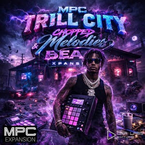 May include: Album cover art featuring a man holding a music production device. The title "Trill City Chopped Melodies & Beats" is displayed in a stylized font with purple and blue hues. The background includes a house and lightning.