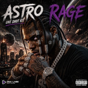 Puede incluir: Portada de álbum digital con una persona adornada con joyas y tatuajes. El título "ASTRO RAGE" está en blanco y morado, con "ONE SHOT KIT" debajo. Un paisaje urbano y elementos espaciales forman el fondo. La imagen incluye la etiqueta "Parental Advisory".