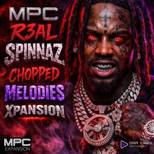 Op de afbeelding: Albumhoes met een man met rode ogen, tatoeages en zware sieraden. De tekst luidt "MPC R3AL SPINNAZ CHOPPED MELODIES XPANSION" in verschillende kleuren. De achtergrond is een verloop van rood en paars.