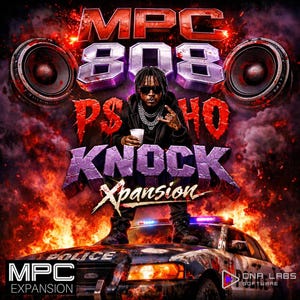 May include: Album cover art with the text "MPC 808 Psycho Knock Xpansion." A person is standing on a police car, holding a cup. The background features flames and speakers.