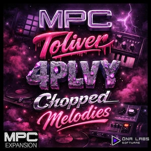 May include: A digital art graphic featuring the text "MPC Toliver 4PLVY Chopped Melodies" in a stylized font. The background is dark purple with pink clouds and lightning. Music production equipment is also visible.