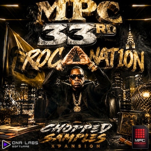 Puede incluir: Un gráfico digital con el texto MPC 33RD ROC NATION y CHOPPED SAMPLES XPANSION. Una persona con traje negro y gafas de sol está sentada en una silla, formando un triángulo con las manos. La escena incluye un horizonte urbano, detalles dorados.