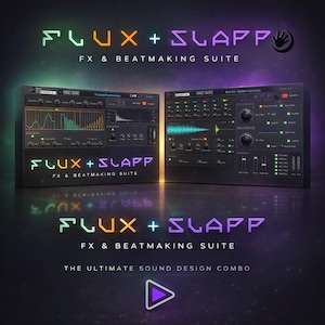May include: Image of the "FLUX + SLAPP" FX & Beatmaking Suite. The image features two black digital audio workstation (DAW) interfaces with colourful graphic displays. The text "FLUX + SLAPP" is in neon green, orange, and purple.