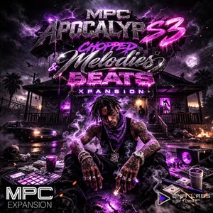 May include: Album cover art with a dark, stylized design. The title "MPC Apocalyps S3 Chopped Melodies & Beats Xpansion" is prominently displayed in purple and silver. A person is seated in front of a house, surrounded by smoke and purple lighting.