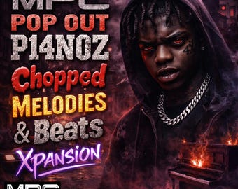 Op de afbeelding: Digitale kunst die "MPC Pop Out P14N0Z Chopped Melodies & Beats Xpansion" promoot. De afbeelding toont een persoon met rode ogen, een hoodie en een zilveren ketting. Tekst en een brandende piano zijn op de achtergrond. Het logo van DNA Labs Software staat onderaan.