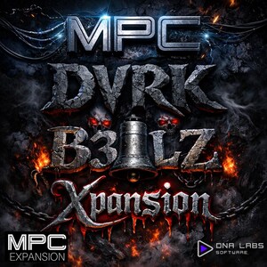 May include: A digital art graphic with the text "MPC DVRK B3 LZ Xpansion" in a gothic font. The design features skulls with glowing red eyes, a bell, and flames, set against a dark, textured background. The words "MPC Expansion" and "DNA Labs Software" are also present.