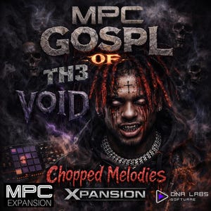 May include: Dark, stylized digital art featuring a person with red dreadlocks and face paint. The image includes the text "MPC Gospel of TH3 Void" and "Chopped Melodies". Skulls and lightning add to the dark theme.