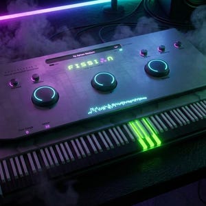 May include: A futuristic synthesizer with a keyboard and control panel. The panel has three large, illuminated knobs and the word "FISSION" displayed. The keys are black and white, with some keys glowing green. The scene is lit with purple and green neon lights.