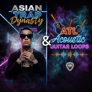 May include: A promotional image for music featuring a man wearing sunglasses and jewelry. The left side reads "ASIAN TRAP Dynasty" in a neon style. The right side says "ATL & Acoustic Guitar Loops" with guitar graphics and a sound wave.