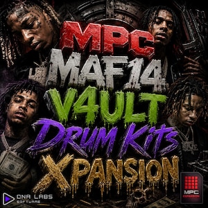 May include: A digital graphic featuring four individuals with braided hairstyles surrounding bold, layered text that reads MPC MAF14 VAULT DRUM KITS XPANSION. The text appears in red, silver, green, purple, and gold with a dripping, textured effect.