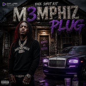May include: Album cover art featuring a person with face tattoos and dreadlocks, wearing a black sweatshirt with "MEMPHIS" on it. The title "M3MPHIZ PLUG" is in purple, with a dilapidated house and a Rolls Royce in the background. The text "MEMPHIS OR NOTHIN" is also visible.