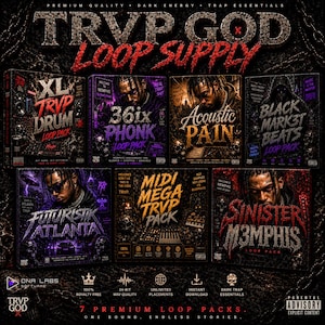 May include: A promotional image for TRVP GOD LOOP SUPPLY, featuring seven premium loop packs. Each pack has a unique design with text like "XL TRVP DRUM" and "36ix PHONK." The image includes text about royalty-free content and instant downloads.