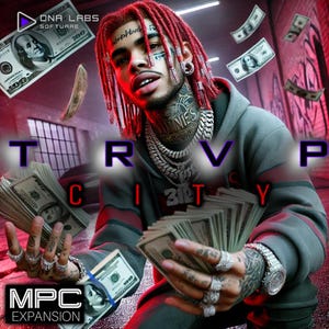 May include: Digital art featuring a person with red dreadlocks, tattoos, and jewelry, holding stacks of US dollar bills. The image includes the text "TRVP CITY" and "MPC EXPANSION", with floating money and a logo in the upper left corner.
