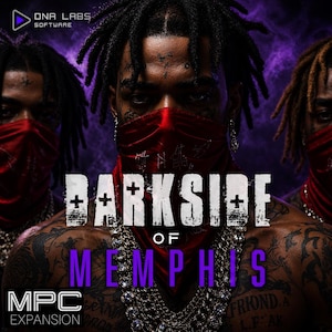 May include: A digital graphic featuring three individuals with dark dreadlocks, each wearing a red face covering. The central figure wears a thick, sparkling chain. The text reads "DNA LABS SOFTWARE", "DARKSIDE OF MEMPHIS", and "MPC EXPANSION".