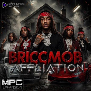 May include: A digital graphic featuring five individuals with dreadlocks wearing red bandanas, layered silver chains, and rings. The text BRICCMOB AFFILIATION appears in red and silver. A silver luxury car and a red sports car are in the foreground.