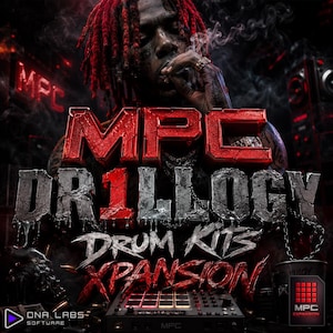May include: A digital music production graphic featuring the text MPC DRILLOGY DRUM KITS XPANSION in bold, metallic, and red lettering. The background shows a person with red dreadlocks, and a black drum machine controller is at the bottom.