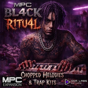 May include: Digital artwork for MPC Expansion featuring a person with tattoos and purple dreadlocks, playing a keyboard. The text reads "MPC BLACK RITUAL 4" and "CHOPPED MELODIES & TRAP KITS". The image has a dark, intense aesthetic.