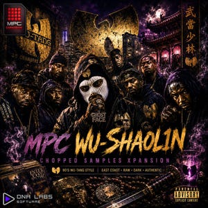 May include: A digital graphic featuring the text MPC WU-SHAOLIN CHOPPED SAMPLES XPANSION. The image displays a group of individuals in dark clothing, one wearing a white mask, set against a dark, smoky background with a golden logo and sword.