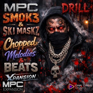 May include: Album cover art with a person wearing a black face covering and tattoos. The design includes the text "MPC SMOK3 & SKIMASKZ Chopped Melodies & BEATS Xpansion" and "DRILL". The background is dark with red splatters and smoke effects.