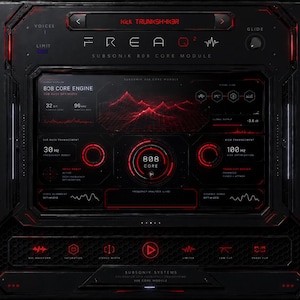 May include: A digital audio interface with a black and red color scheme, featuring the text FREAQ, 808 CORE ENGINE, and SUBSONIX 808 CORE MODULE. The interface includes multiple circular knobs, a central display with a red waveform, and various buttons.