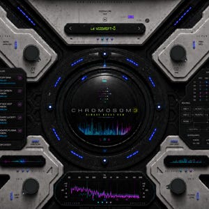 May include: A digital audio workstation interface titled Chromosome 3, featuring a dark metallic aesthetic with blue LED accents, multiple circular control knobs, a central circular display with a waveform, and a frequency spectrum analyser.