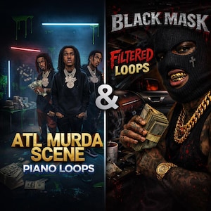 May include: Album cover art featuring two distinct designs. The left side displays three individuals with jewelry, money, and the text "ATL MURDA SCENE PIANO LOOPS." The right side shows a person in a black mask holding cash, with the text "BLACK MASK FILTERED LOOPS."