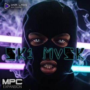 May include: A person wearing a black balaclava with the text "SK1 MVSK" in a teal font. The image has a purple and blue neon light effect with the text "MPC EXPANSION" at the bottom and "DNA LABS SOFTWARE" at the top.