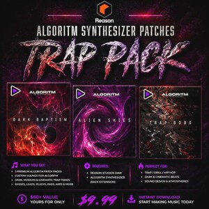 May include: Promotional graphic for Reason's Algoritm Synthesizer Trap Pack. The design features three product boxes with abstract art, the Algoritm logo, and the names "Dark Baptism", "Alien Skies", and "Trap 808s". The graphic includes text about what you get, requirements, and the price.