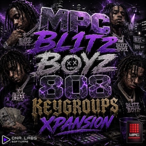 May include: A digital graphic for MPC Blitz Boyz 808 Keygroups Xpansion featuring four images of a person with dreadlocks and face tattoos, purple lightning effects, and bold text. The design includes a DNA Labs Software logo and an MPC icon.