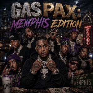 May include: Album cover art for "GAS PAX: Memphis Edition" featuring a group of men. The title is in metallic gold and purple text. The background shows a cityscape and a neon sign for the Lorraine Motel. The men are wearing jewelry and holding money.