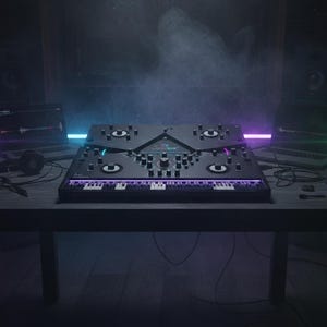 May include: A black DJ mixer with multiple knobs, buttons, and a keyboard is centered on a dark gray table. Two laptops flank the mixer, and headphones are nearby. The scene is illuminated with purple and green neon lights, creating a moody atmosphere.