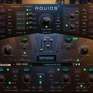 May include: A digital audio workstation interface with numerous knobs, sliders, and buttons. The interface is primarily black with green and purple accents. Text on the interface includes "AQUIOS WORKSTATION ROM" and "Fx Neptune Bit Drift".