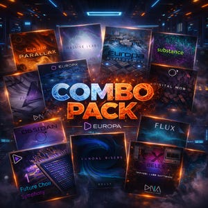 Puede incluir: Imagen promocional que presenta una colección de cajas de productos de software. El elemento central es un gran título "COMBO PACK" en naranja, rodeado de títulos de productos como "LIQUID PARALLAX" y "MASSIVE LEADS". El diseño tiene una estética futurista y digital con acentos de neón.