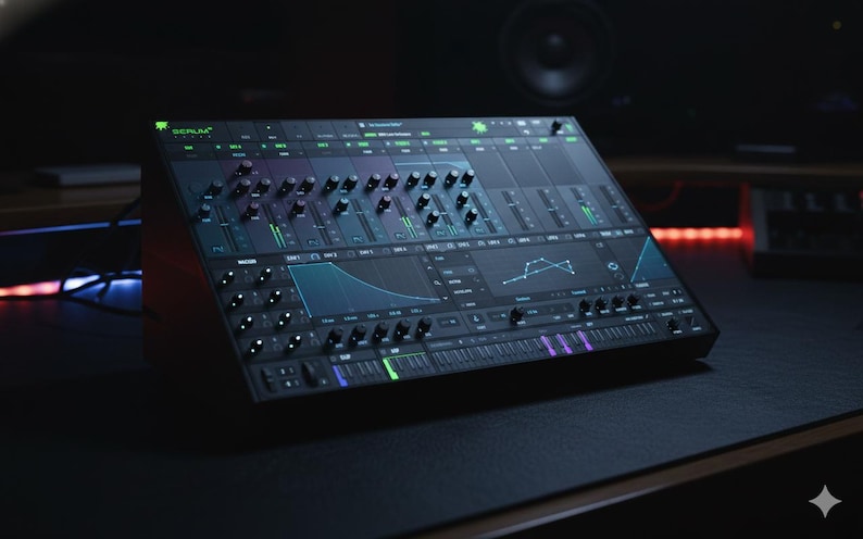 May include: A black synthesizer with numerous knobs, sliders, and a display screen. The synthesizer has green and blue accents, with the word "SERUM" visible. It sits on a dark surface, suggesting a studio setting.