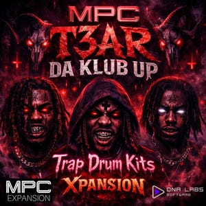 May include: A digital artwork in red and black tones, featuring three figures with glowing red eyes and dreadlocks. The image includes the text "MPC T3AR DA KLUB UP" and "Trap Drum Kits Xpansion".
