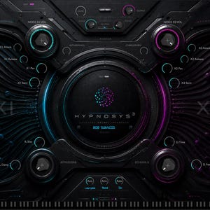 May include: A digital audio software interface titled Hypnosys 3 with a dark, futuristic aesthetic. The screen features a central circular display with a dotted pattern, surrounded by various control knobs, sliders, and labels like X1 and X2.