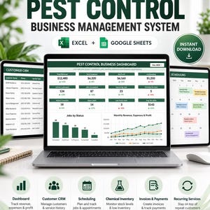 Könnte beinhalten: Ein digitales Schädlingsbekämpfungs-Managementsystem für Excel und Google Sheets. Das Display zeigt ein Dashboard mit Umsatz, Ausgaben, Gewinn, Kunden-CRM und Planungstools. Symbole stellen Funktionen wie Chemikalienbestand und Rechnungsstellung dar.
