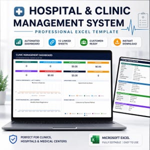 May include: A digital Hospital & Clinic Management System professional Excel template displayed on a laptop and tablet screen. The interface features an automated dashboard with patient registration, financial performance, and appointment status data.