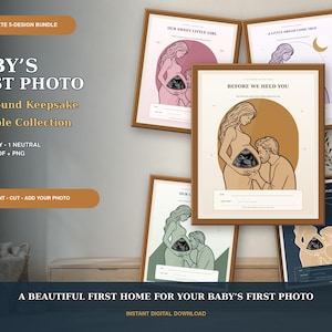 Puede incluir: Una colección de cinco pósteres imprimibles de recuerdos de ecografías con ilustraciones de línea de futuros padres. Cada póster muestra un área central para una foto de ecografía del bebé, con campos de texto para nombres y fechas en varias paletas.