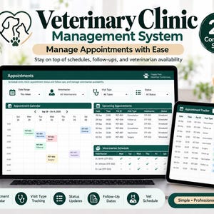 May include: A digital Veterinary Clinic Management System displayed on a laptop and tablet screen. The interface features an appointment calendar, upcoming appointments, and a veterinarian schedule with text labels for patient records and invoices.