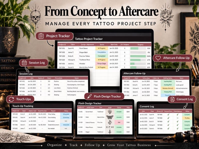 Tattoo Studio Management Spreadsheet | Tattoo Artist Booking, Client ...