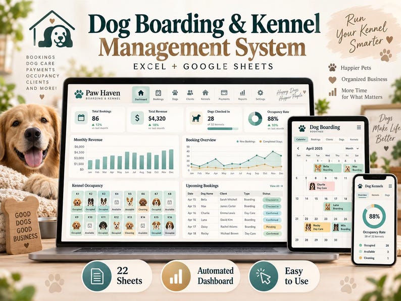 Dog Boarding & Kennel Management Spreadsheet, Pet Care Booking Tracker ...