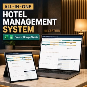 May include: An all-in-one hotel management system displayed on a laptop and tablet screen. The software interface shows a hotel performance dashboard with data fields for revenue, expenses, and room status, compatible with Excel and Google Sheets.