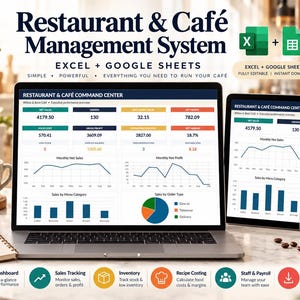 Könnte beinhalten: Ein digitales Restaurant- und Café-Managementsystem, das auf einem Laptop, Tablet und Smartphone angezeigt wird. Das Dashboard enthält Datenvisualisierungen wie Liniendiagramme, Balkendiagramme und Tortendiagramme für Umsatz und Gewinn.