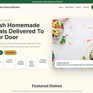 May include: A website interface for Sarah's Home Kitchen featuring the text Fresh Homemade Meals Delivered To Your Door, navigation links, buttons for View Menu and Order Now, and a large image of bowls containing fresh food ingredients.