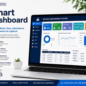 Puede incluir: Una pantalla de ordenador portátil que muestra un panel de control de sistema de gestión escolar con varias visualizaciones de datos, incluyendo gráficos de barras, líneas y circulares. La interfaz presenta secciones codificadas por colores azul, verde, morado y naranja para el seguimiento de estudiantes, personal, clases, tarifas y tasas de asistencia.